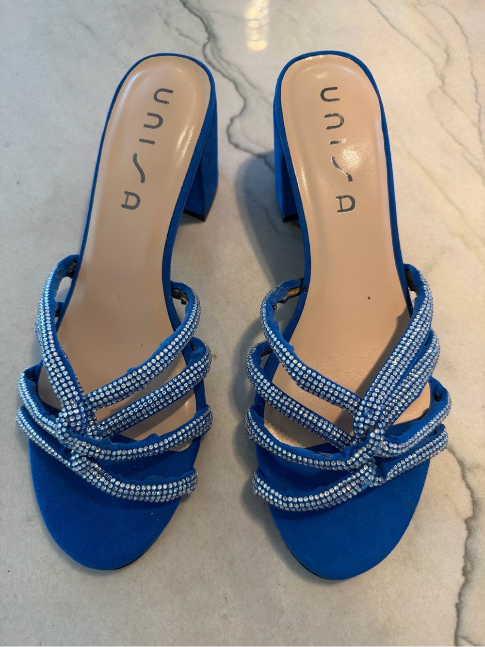 UNISA Royal Blue Crystal-Strap Block Heel Sandals